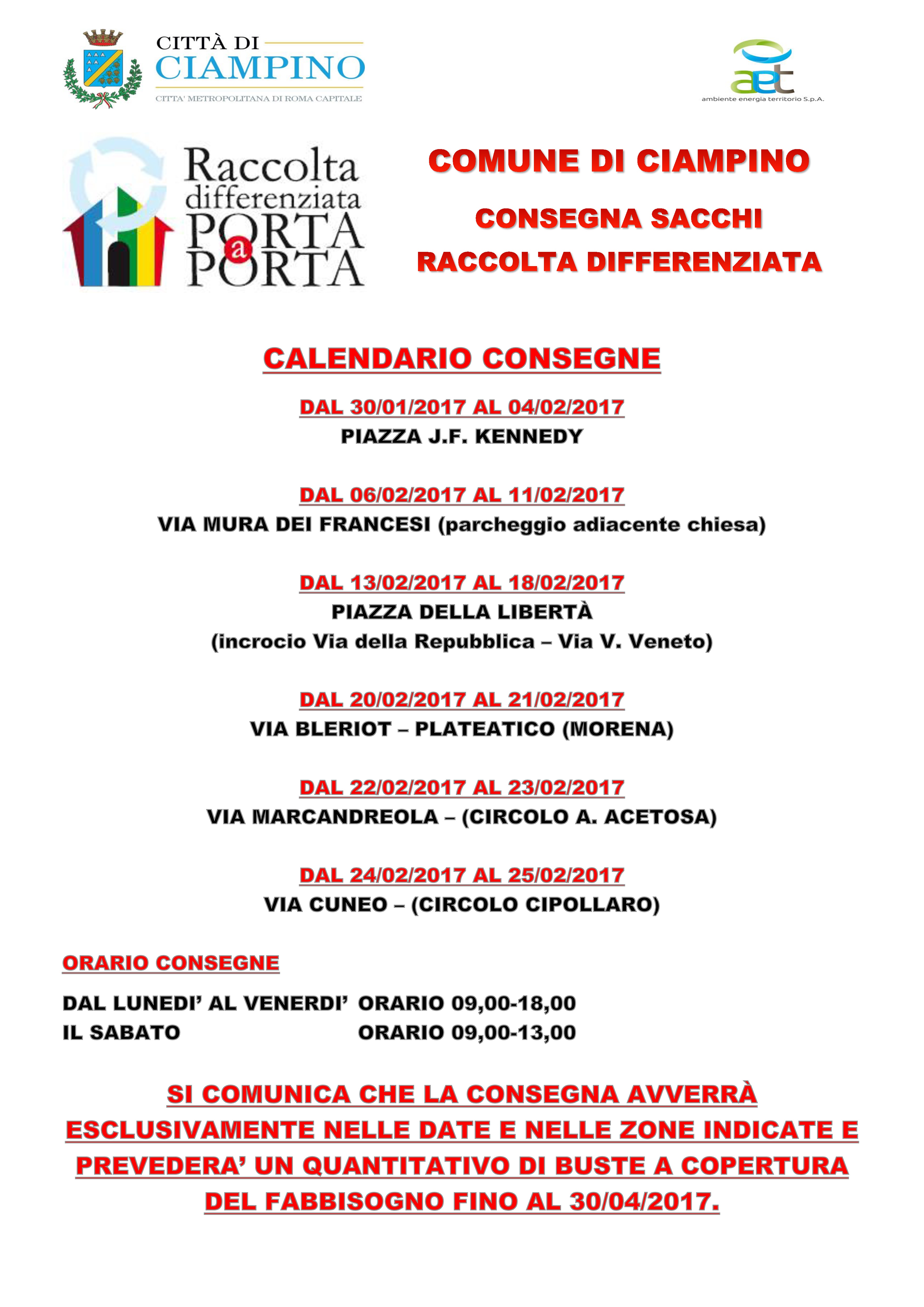 Raccolta differenziata: calendario consegne buste per fabbisogno fino al 30 aprile 2017