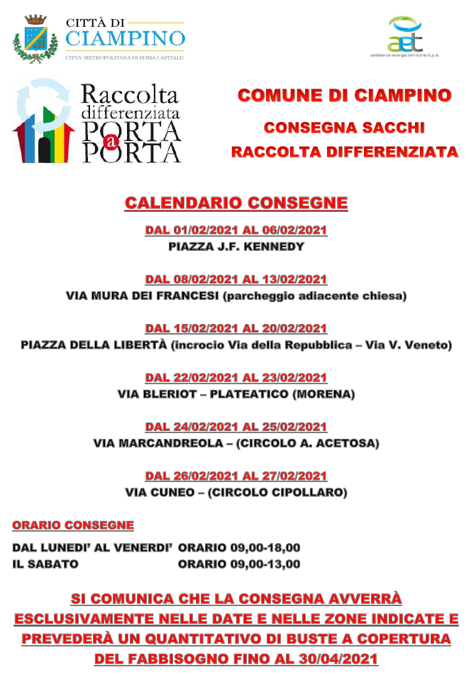 Raccolta differenziata: calendario consegne buste per fabbisogno fino al 30 aprile 2021 Raccolta differenziata: calendario consegne buste per fabbisogno fino al 30 aprile 2021