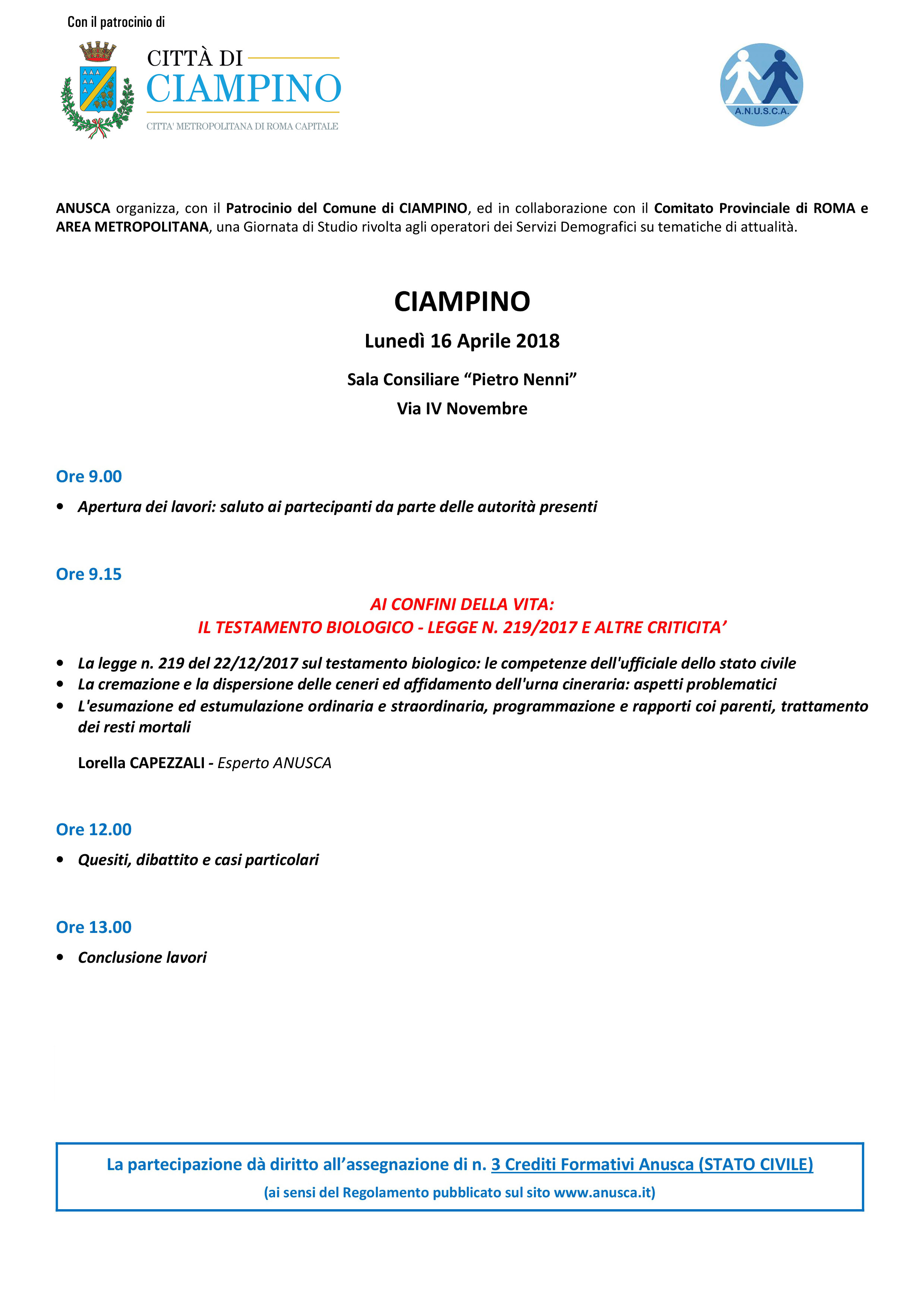 Ciampino, Testamento biologico: giornata di studio organizzata dall'Anusca e rivolta ad amministratori ed operatori dei servizi demografici