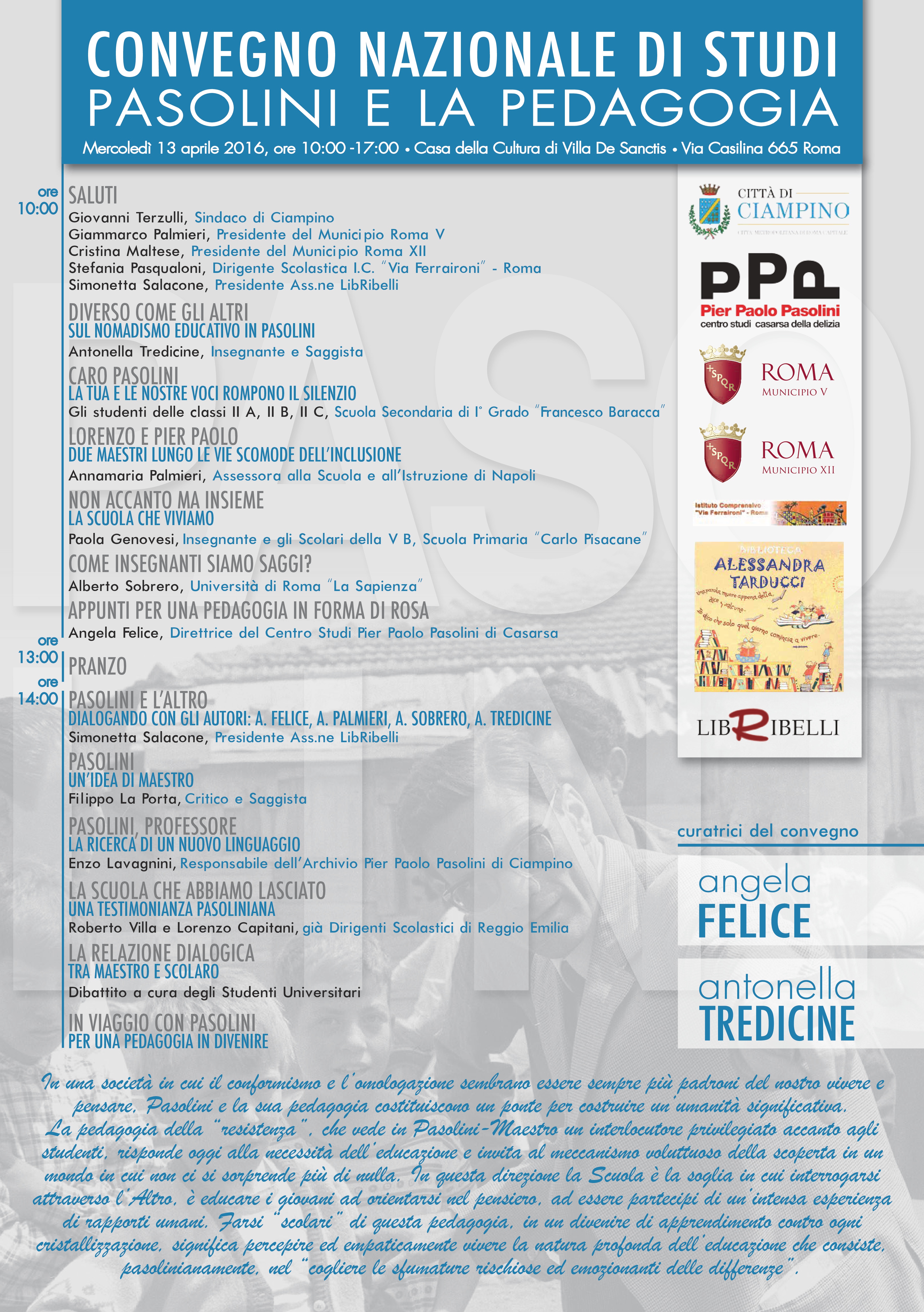 Convegno di studi su Pasolini e sulla pedagogia, mercoledì 13 aprile 2016