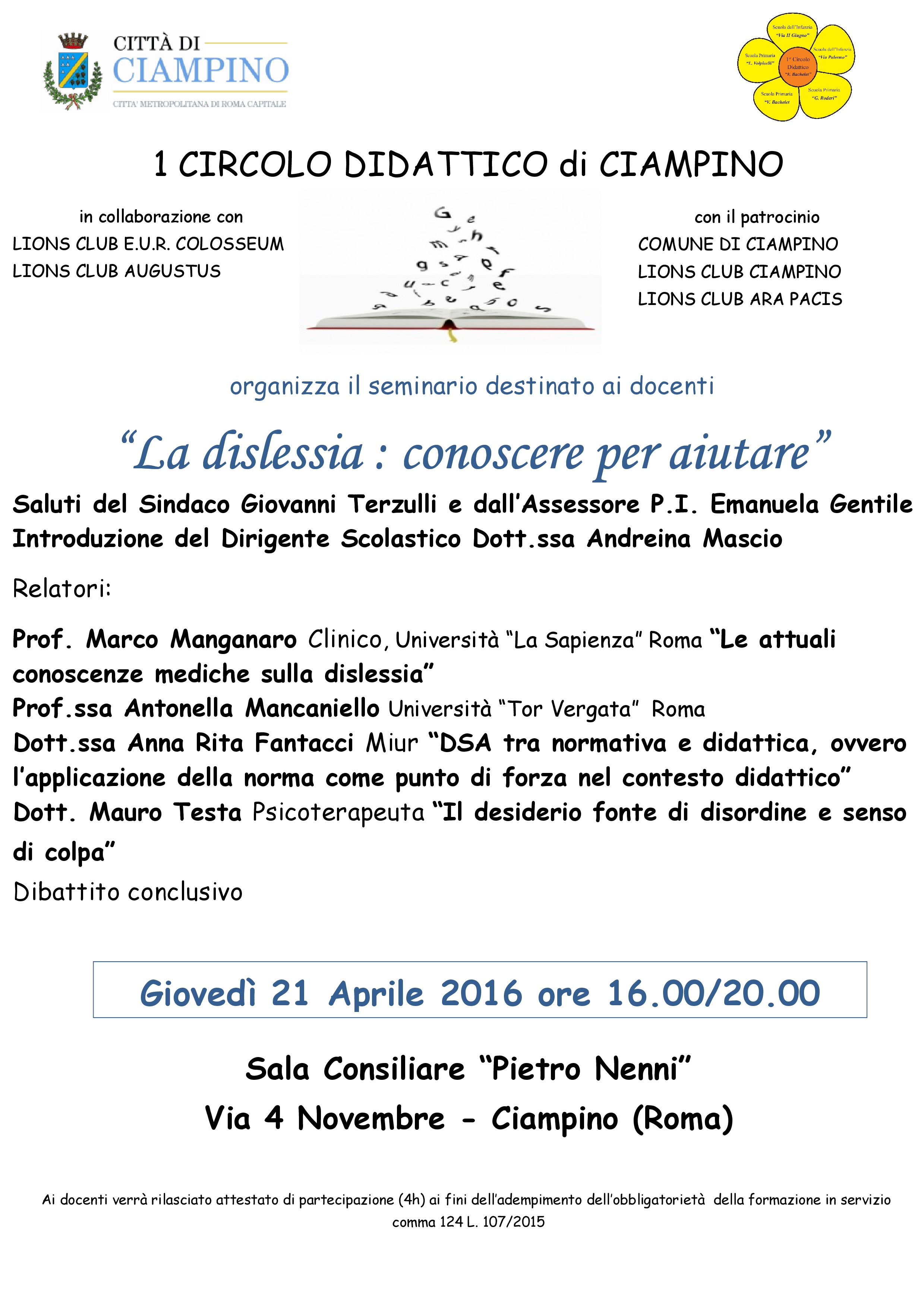 Convegno "La Dislessia: conoscere per aiutare". Secondo appuntamento Giovedì 21 aprile 2016