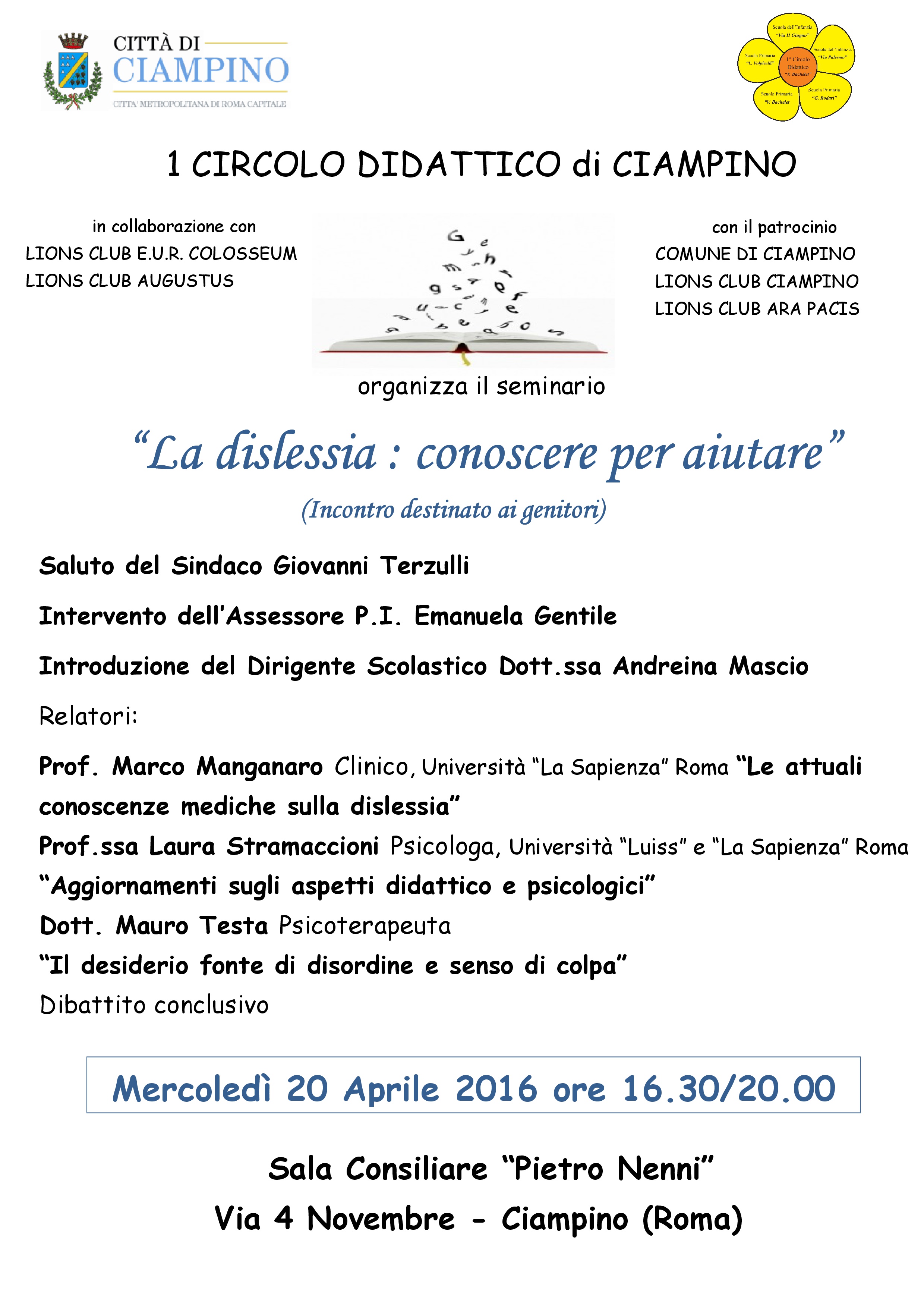 Convegno "La Dislessia: conoscere per aiutare". Primo appuntamento Mercoledì 20 aprile 2016