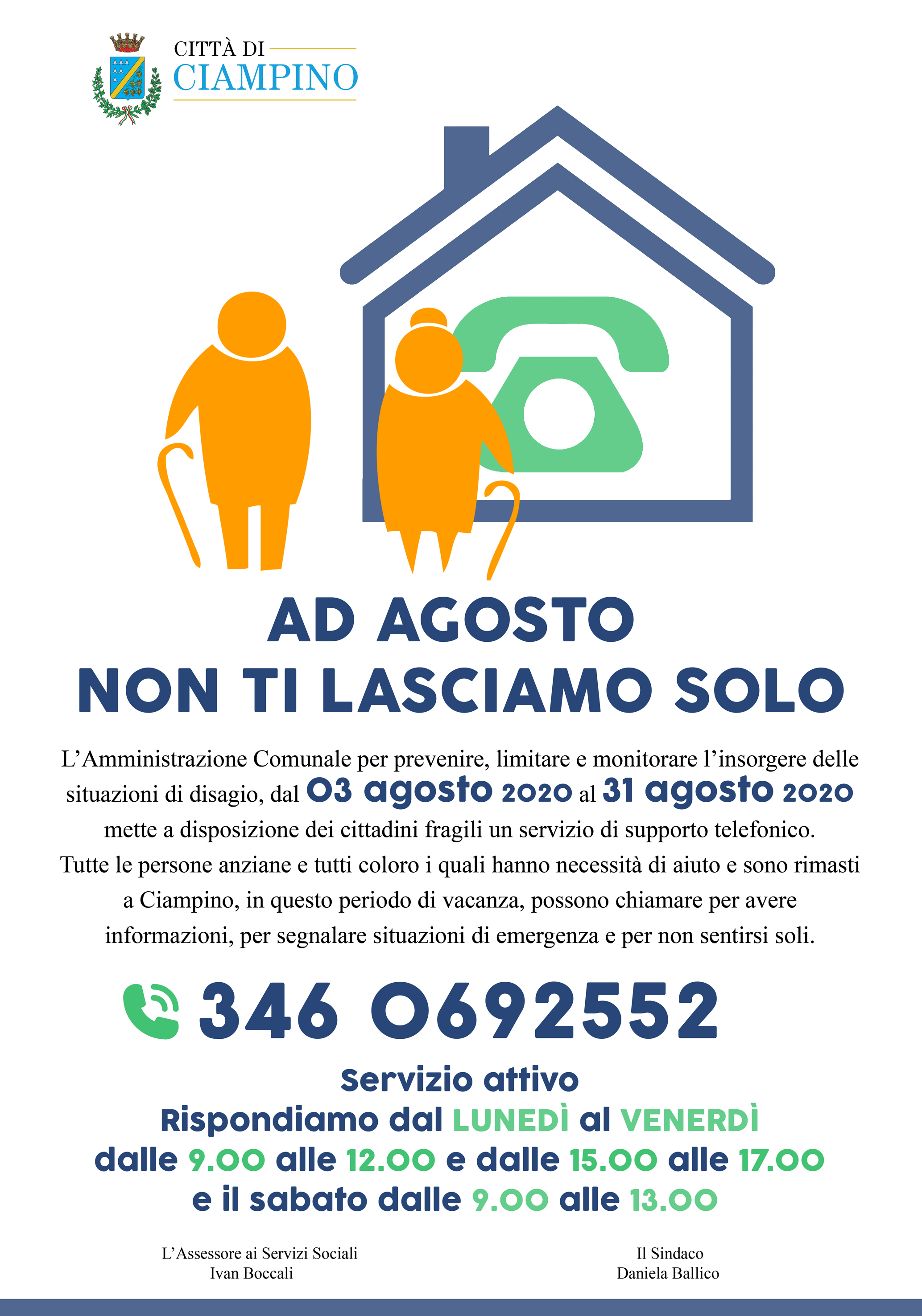 Comunicato Stampa del Comune di Ciampino - Dal 3 agosto torna il servizio di supporto telefonico per le situazioni di fragilità