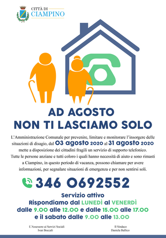 Comunicato Stampa del Comune di Ciampino - Dal 3 agosto torna il servizio di supporto telefonico per le situazioni di fragilità