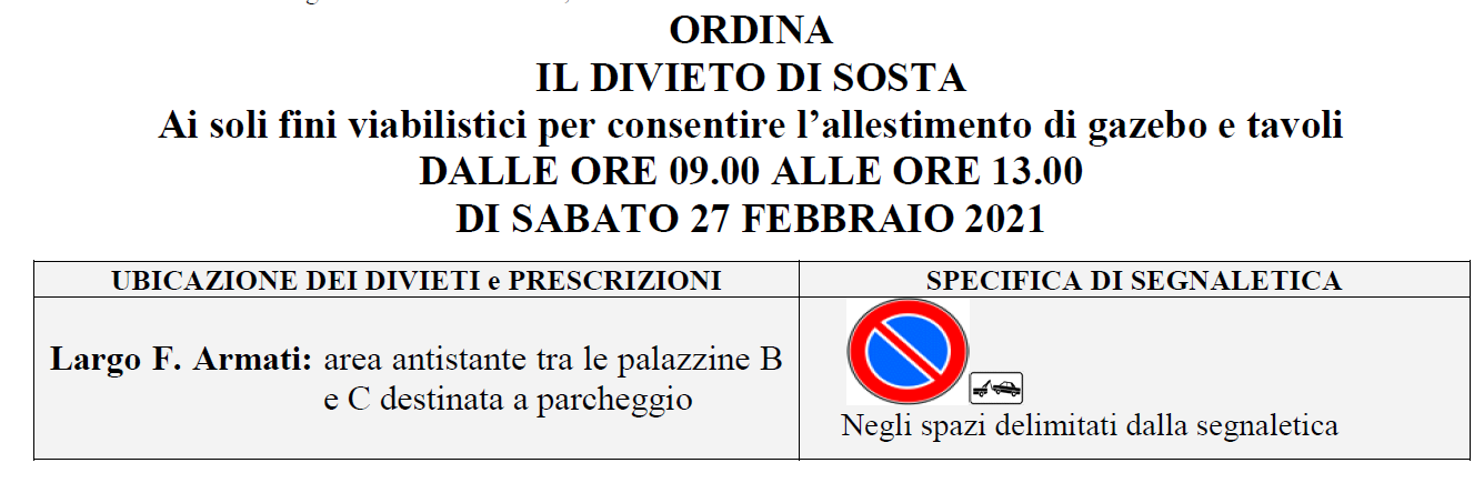 Avviso: Ordinanza n. 28 - Evento consegna pulmino Amico - Largo F. Armati - sabato 27 febbraio 2021 