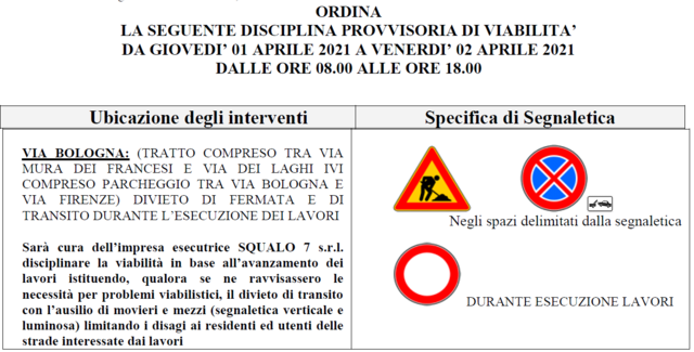 Avviso: Ord. 43 - Disciplina provvisoria di viabilità per lavori di rifacimento del manto stradale di via Bologna