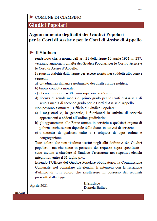 Aggiornamento degli albi dei Giudici Popolari  per le Corti di Assise e per le Corti di Assise di Appello