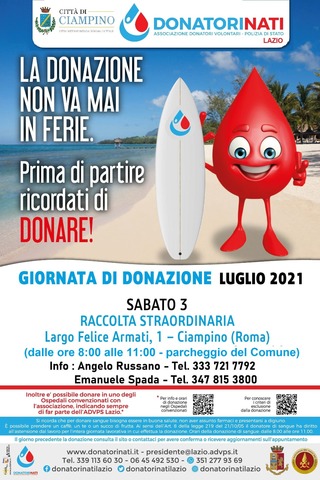 Comunicato Stampa del Comune di Ciampino - 3 luglio: giornata di donazione del sangue in collaborazione con l'Associazione DonatoriNATI